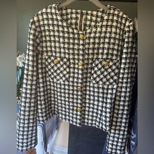 Taylor Black and White Tweed Blazer with Gold Buttons